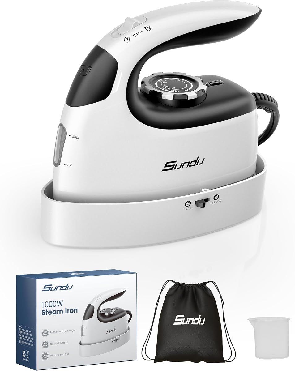 Mini Steam Iron with Rotary Temp Control for Travel & Sewing | Rotary temperature control, safety base, portable for travel, ideal for quilting and sewing, whit