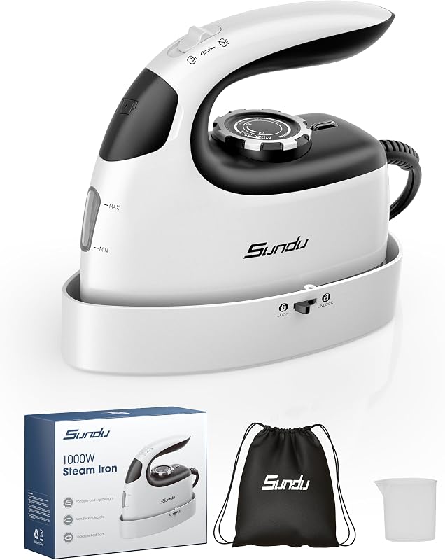 Mini Steam Iron with Rotary Temp Control for Travel & Sewing | Rotary temperature control, safety base, portable for travel, ideal for quilting and sewing, whit