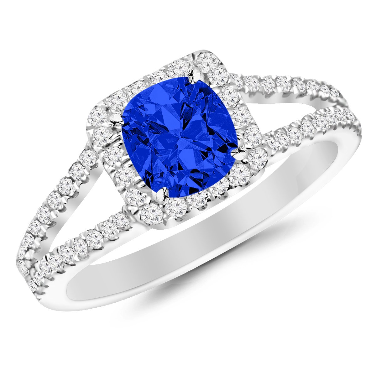 0.9 Carat Classic Double Row Pave Set Split Shank Diamond Engagement Ring� 14K White Gold with a 0.5 Carat Cushion Cut AAA Quality Blue Sapphire (Heirloom Quality)