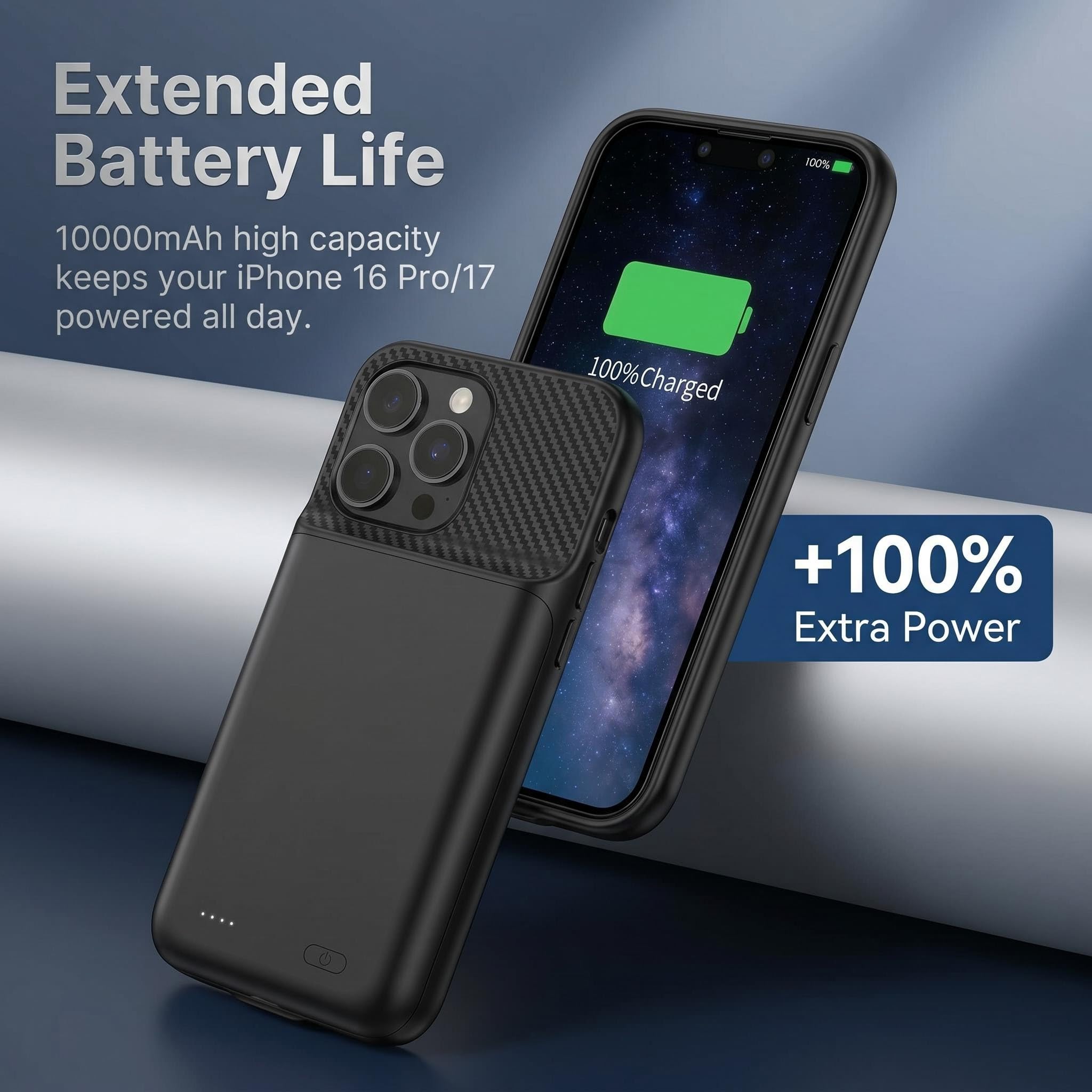 Custodia con batteria per iPhone 16 Pro/17, 10000 mAh, ultra sottile, portatile, estesa, custodia di ricarica per iPhone 16 Pro/17 (6,3 pollici), colore nero