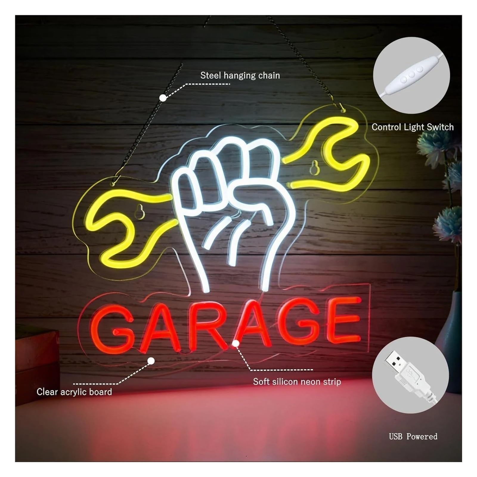 Insegna al neon Garage per insegne al per neon per alimentazione per, luminosità regolabile per chiave per luci per Adatto 32 cm x 39,37