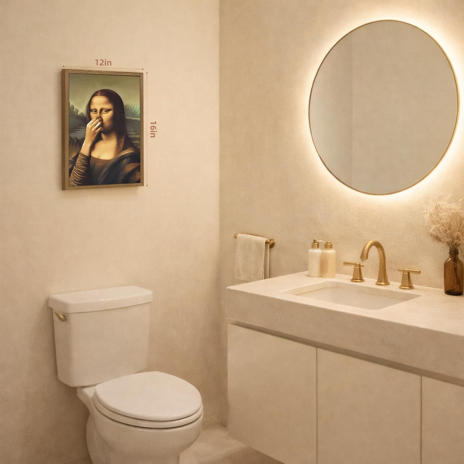LERVR Wood Framed Funny Mona Lisa Bathroom Wall Art, Whimsical Mona Lisa Toilet Paper Wall Decor, Vintage Parody Bathroom Canvas Print, Humorous Pinching Nose Artwork for Restroom 12x16 Inch