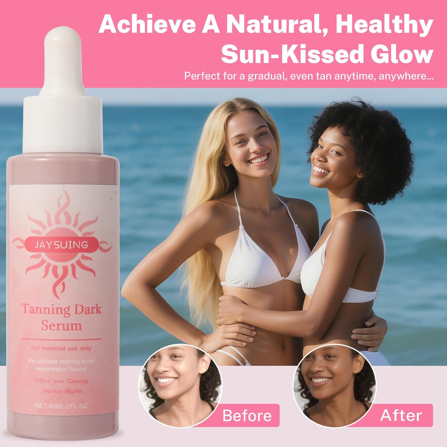 Earth Self Tanner -Get a Sun-Kissed Glow Instantly! Natural & Organic Ingredients, Tanning Dark Seryum - Watermelon Flavor, Ultra-Hydrating & Streak-Free, Natural-Looking Tan, for Face & Body 60ML - Image 2