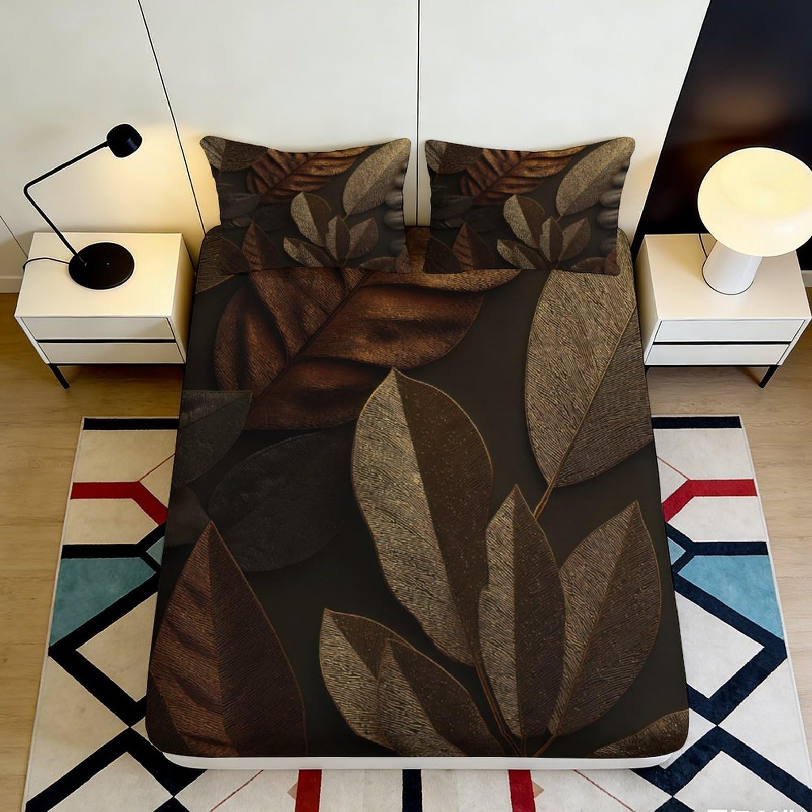 3D Printed Earth Tones Leaf Fitted Sheet Microfiber Non-Slip Deep Pocket Leaf Mattress Fitted Cover for Bedroom Bedding 90x200x25cm