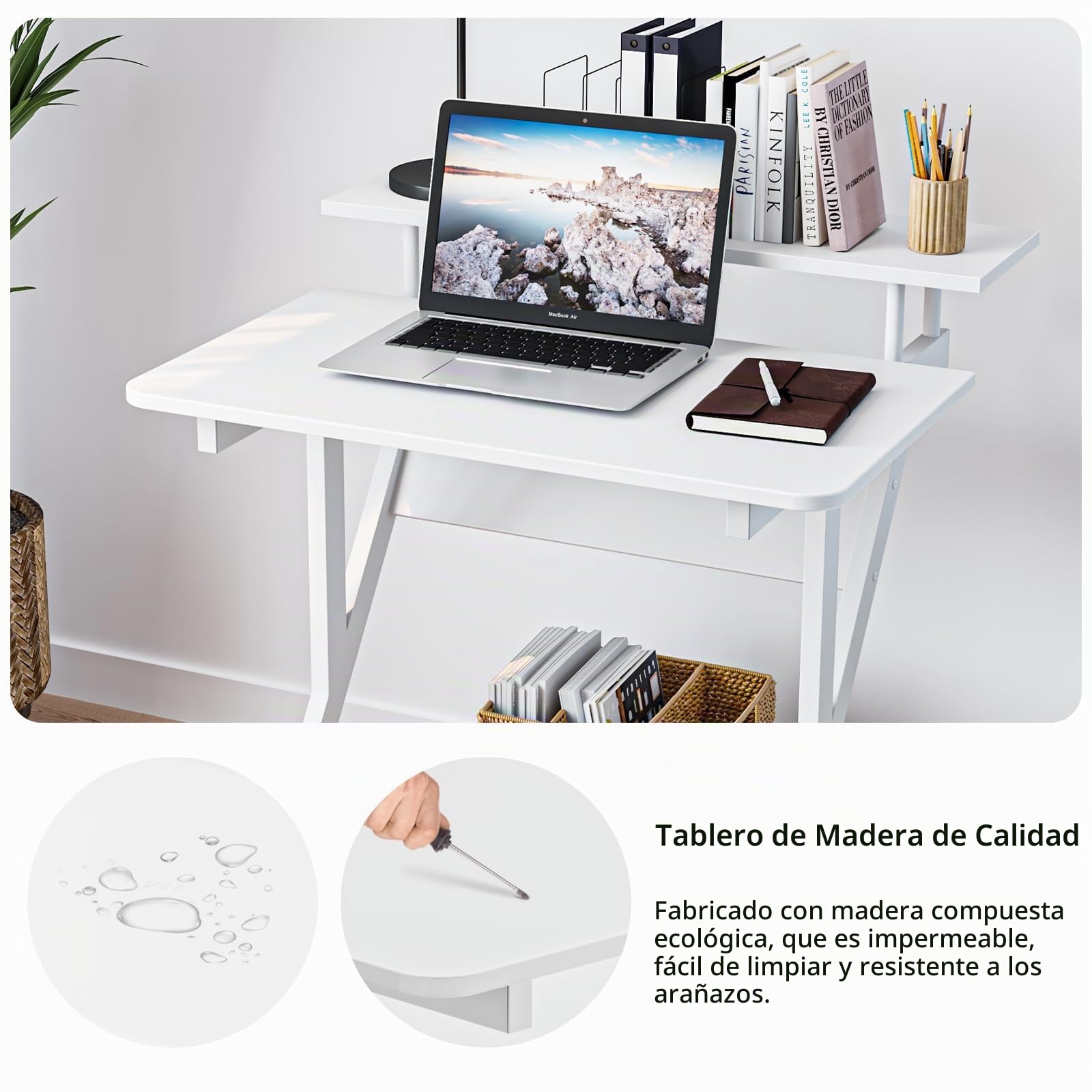 Dripex Mesa para Ordenador con Ruedas, con Estante, Escritorio Pequeño para Oficina en Casa, en Forma de Z, 70x60x79cm, Blanca