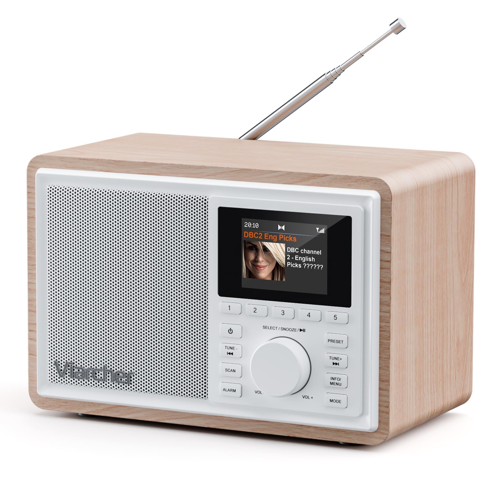 Radio numérique Dab/Dab+ & FM avec Bluetooth, Double Alarme, minuterie de Veille, 60 préréglages, entrée AUX, Prise Casque, écran Couleur 2,4'', Radio de Cuisine, Blanc/chêne