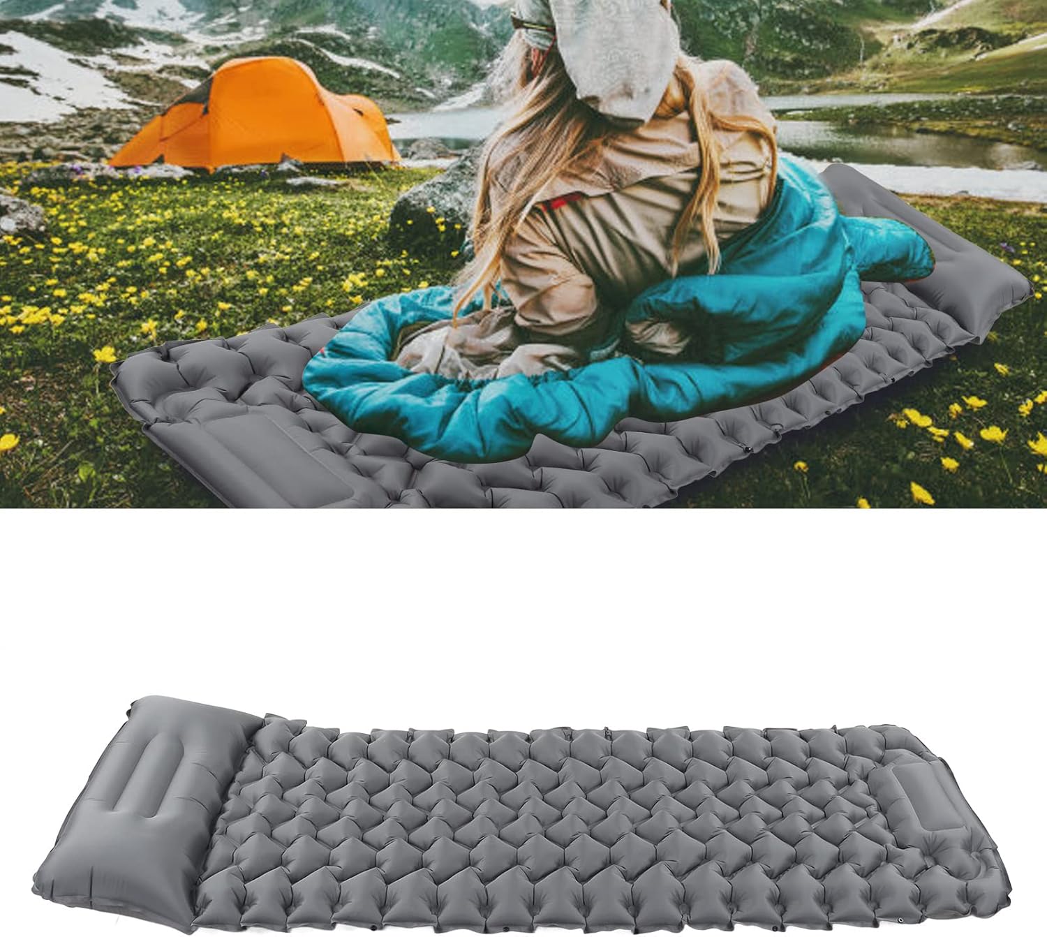 Grey Camping Sleeping Pad, Self Inflating Sleeping Mat with Foot Press Inflation, Ergonomic Nylon Mattress for Camping Travel Outdoor Use, 440lb Capacity