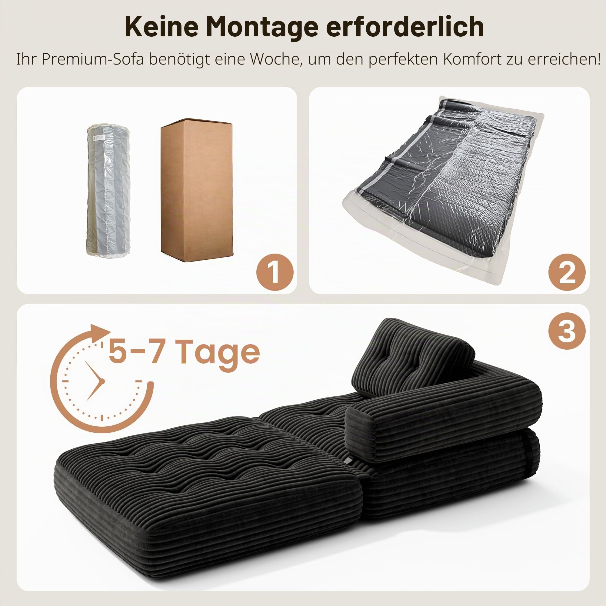 Xbro Faltbares Schlafsofa，Klappsofa 2-in-1 Mit Schlaffunktion, Gästebett Für Kleine Räume, Cordstoff, L-Förmige Kopfstütze, 85 x 85 cm Bis 170 x 85 cm, Schwarz