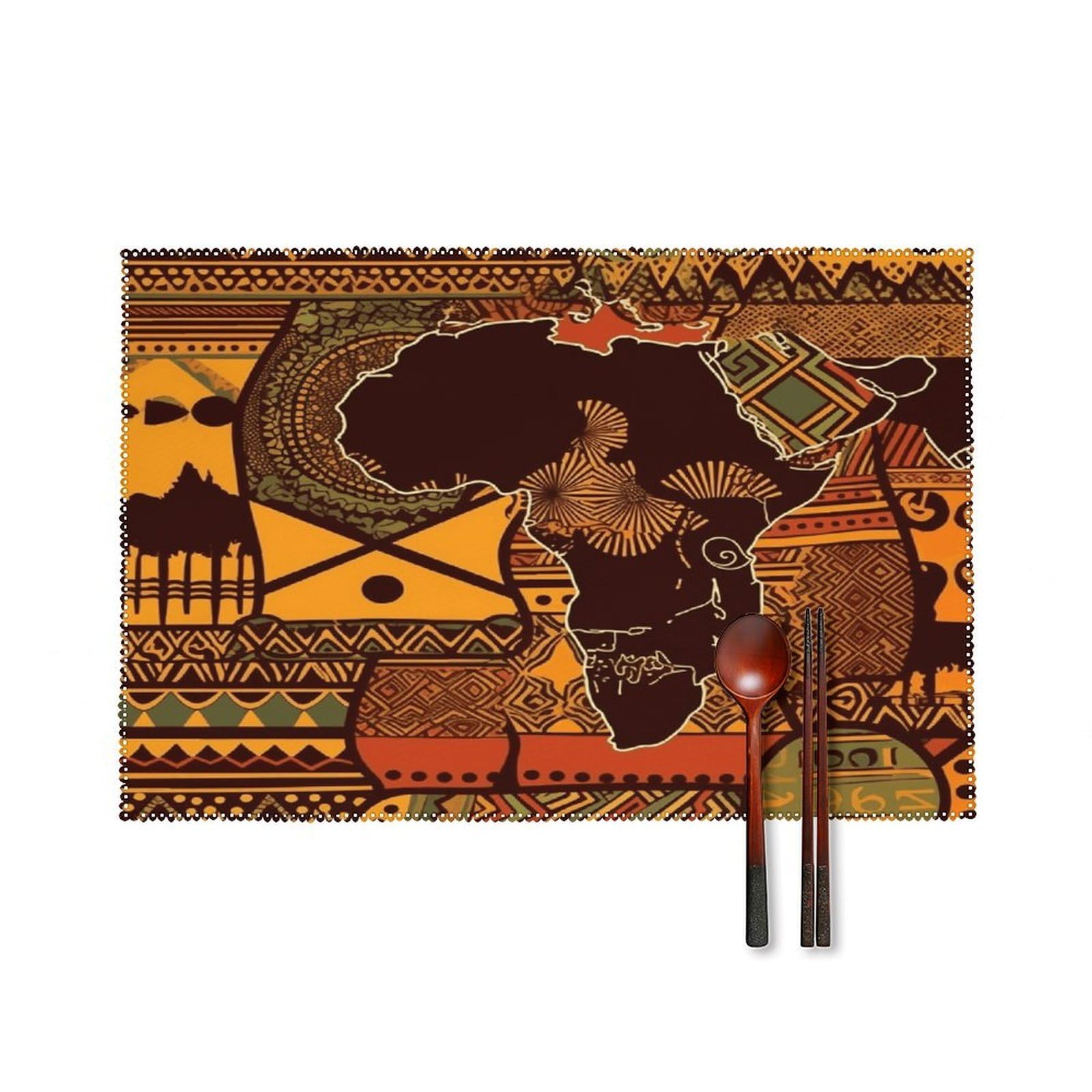 African Map Ethnic Pattern Placemats Set of 6 Non-Slip Heat Resistant Table Mats Canvas Washable Cloth Place Mats Easy to Clean Premium Placemat for Kitchen Dining Table Decoration