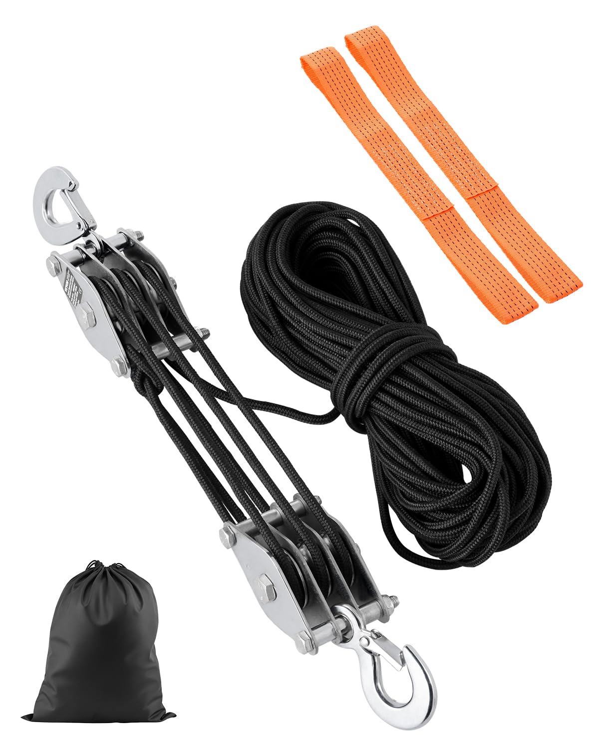 VEVOR Palan à Poulie à Corde 30,48 m, Résistance à la Rupture 2 T, Système de Poulie avec 2 Boucles Souples, Rapport de Levage 5:1, Structure de Roulement à Roues en Métal, pour Soulever Objets Lourds