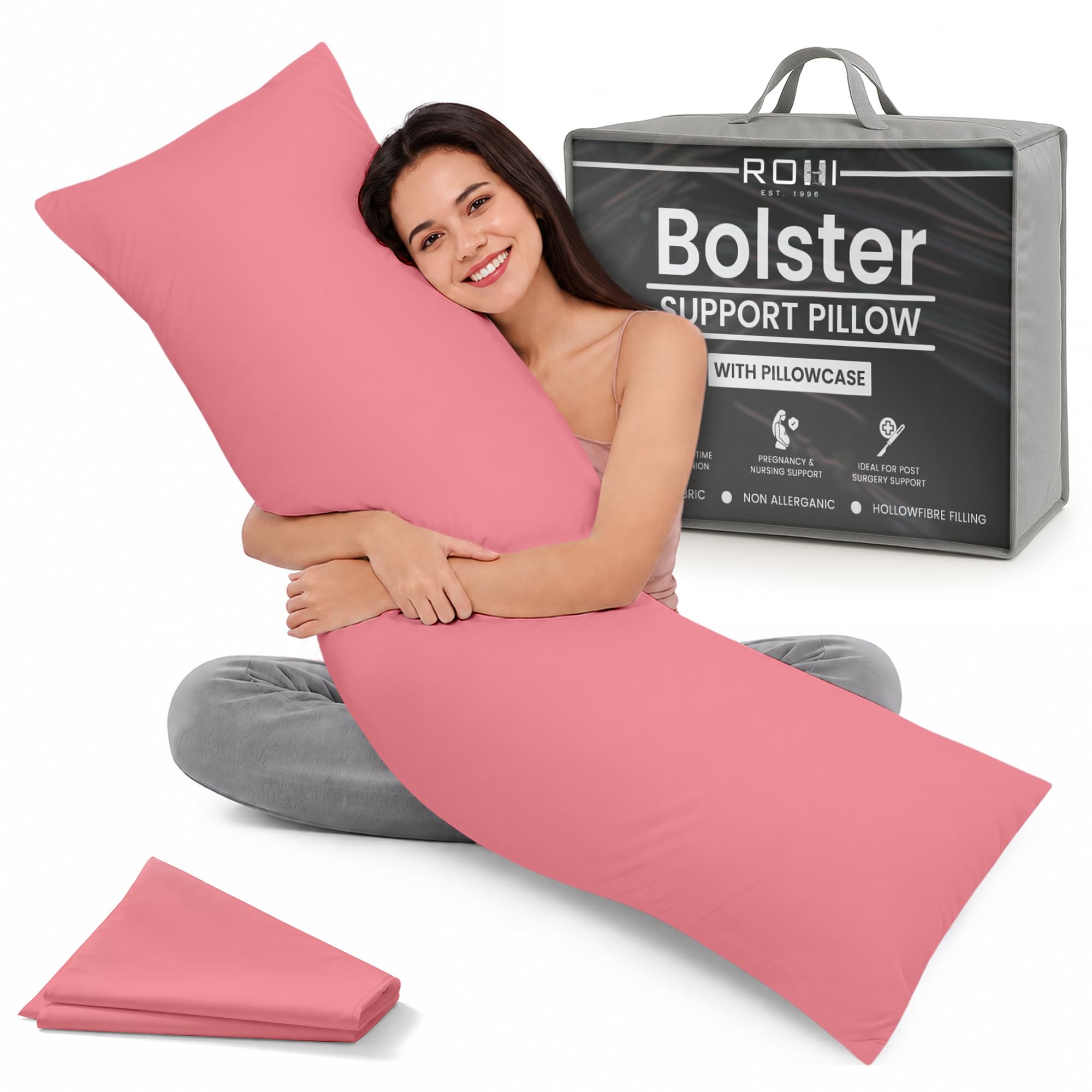 Rohi 6ft Full Body Pillow with Pink Pillowcase–Hollowfibre Filling – Orthopaedic 19"x 72" Super King Bed Size Long Pillow –Bolster Pillow for Maternity, Back & Neck Support –Side Sleeper pillow