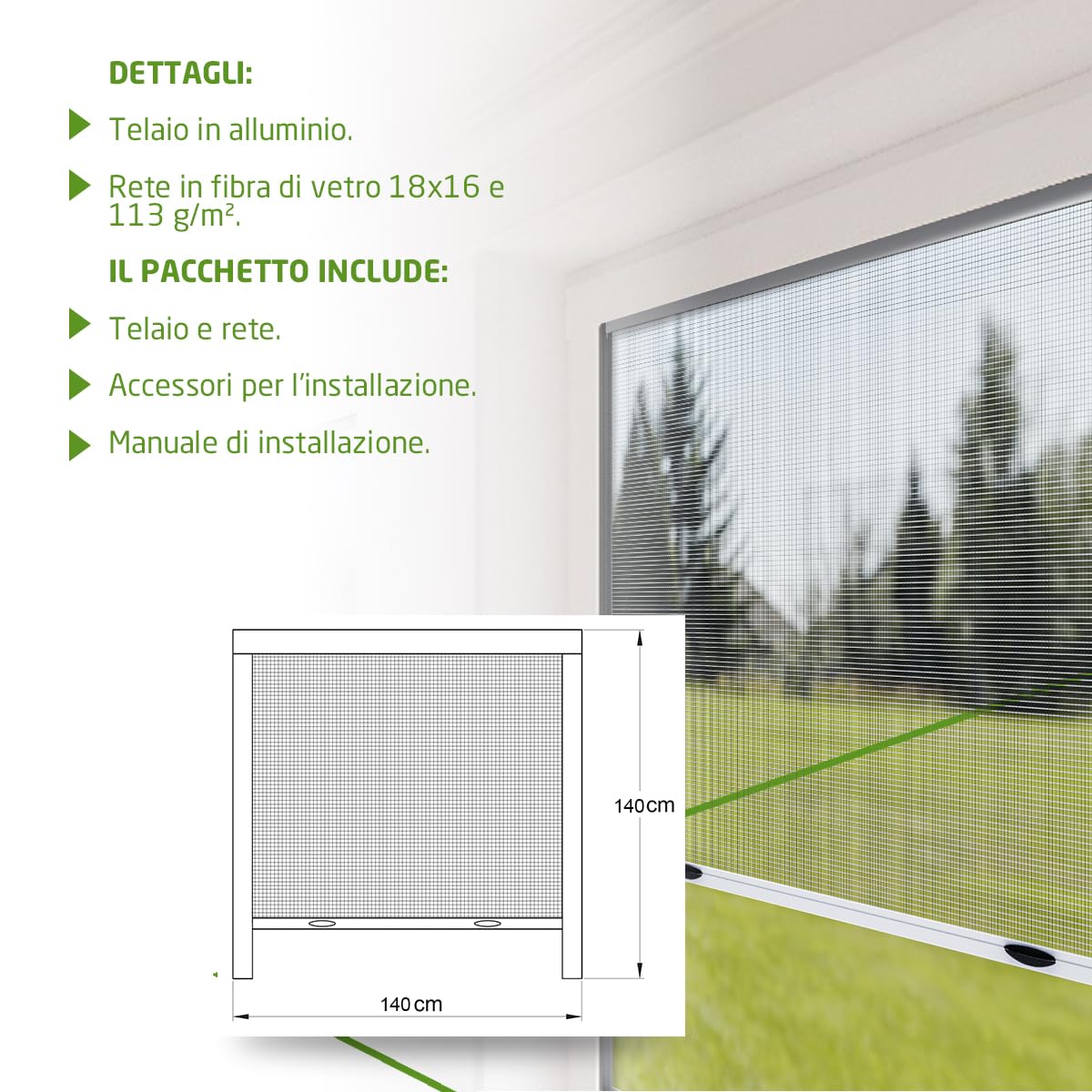 Amig - Zanzariera Avvolgibile per Finestre | Alluminio Bianco e Rete in Fibra di Vetro Grigia | Facile da Installare | Protezione contro gli Insetti | 140 x 140 cm | Resistente e Traspirante