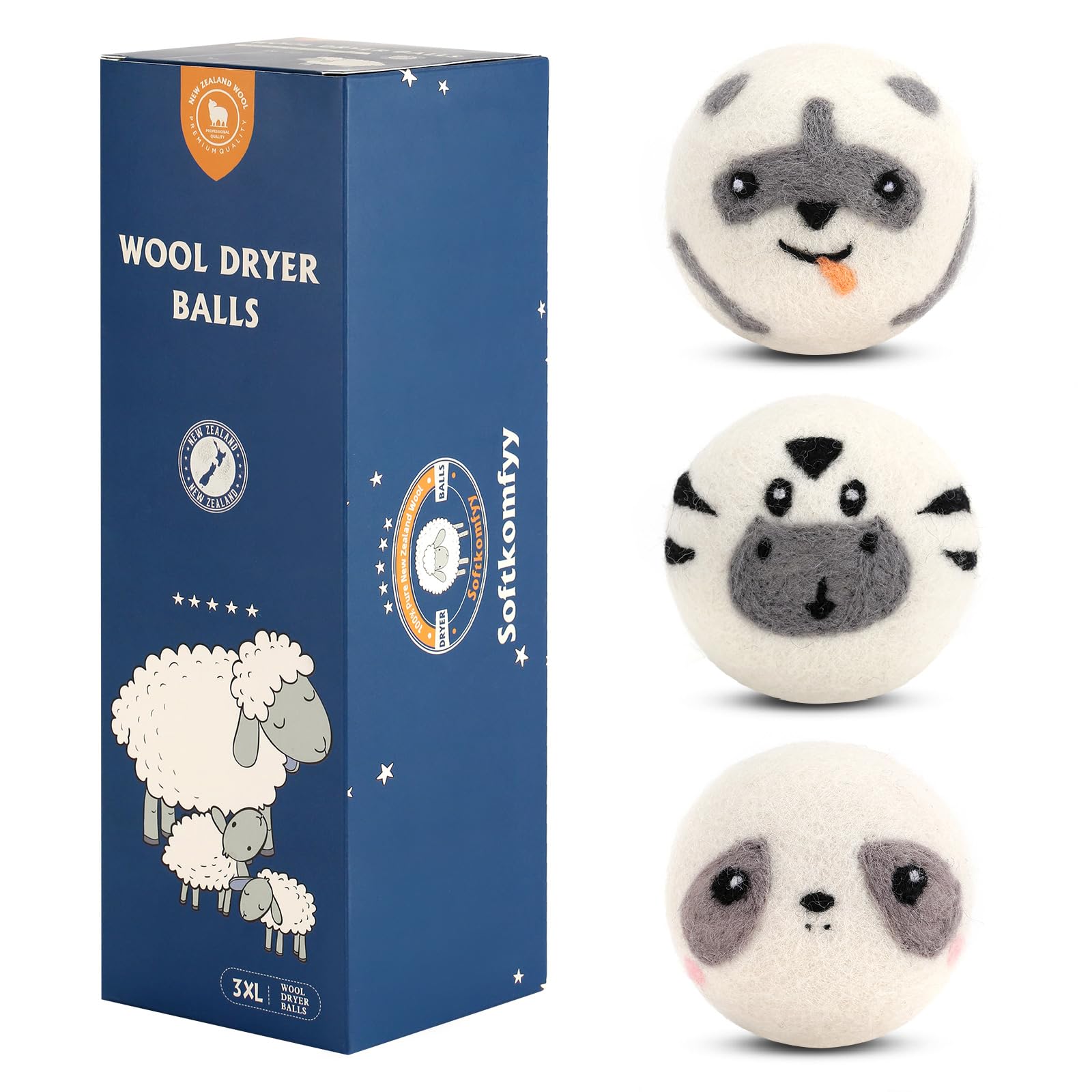 Wool Dryer Balls Handmade 3 Pack XL,Organic Laundry Dryer Balls,100% New Zealand Wool Natural Fabric Softener,Reusable 1000 Loads,Wrinkles Free, Shorten Drying Time,Baby Safe (3 Pack,Cute Animals) 3 PACK XL Cute Animals