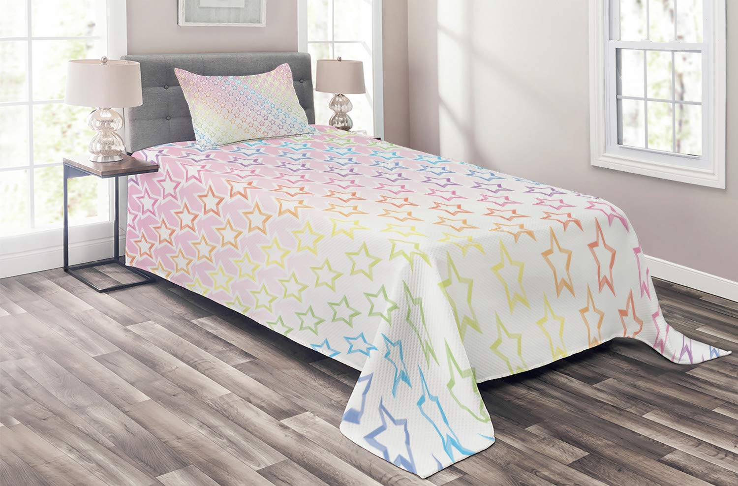 Ambesonne Star Coverlet, Stars in Rainbow Colors Galaxy Milky Wayme Teen Pattern Print, 3 Piece Decorative Quilted Bedspread Set with 2 Pillow Shams, Twin Size, Pink Multicolor