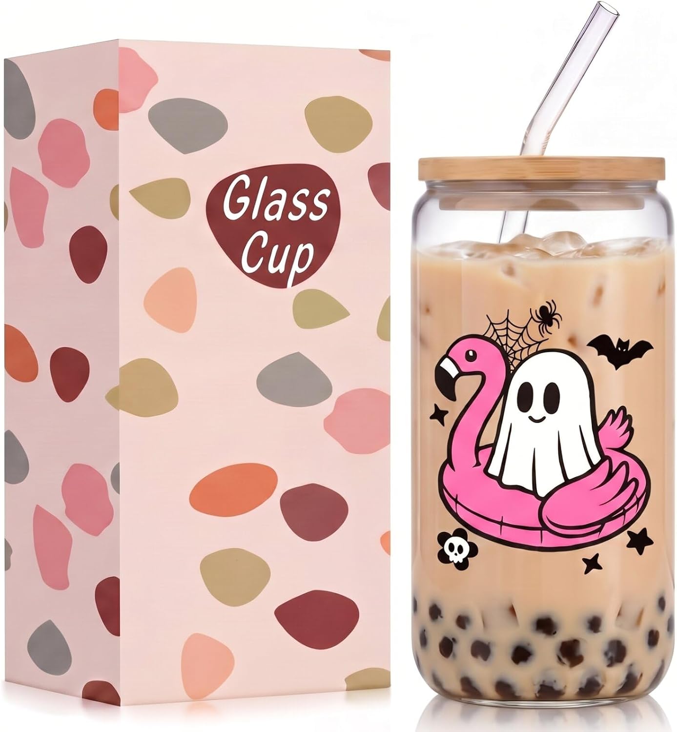 Willinglong Summer Halloween Party Gift 16 oz Glass Cup Funny Ghost Flamingo Tumbler with Lid and Straw, Reusable Iced Coffee Glass for Hot Cold Beverages, Spooky Gift for Women Men Teens