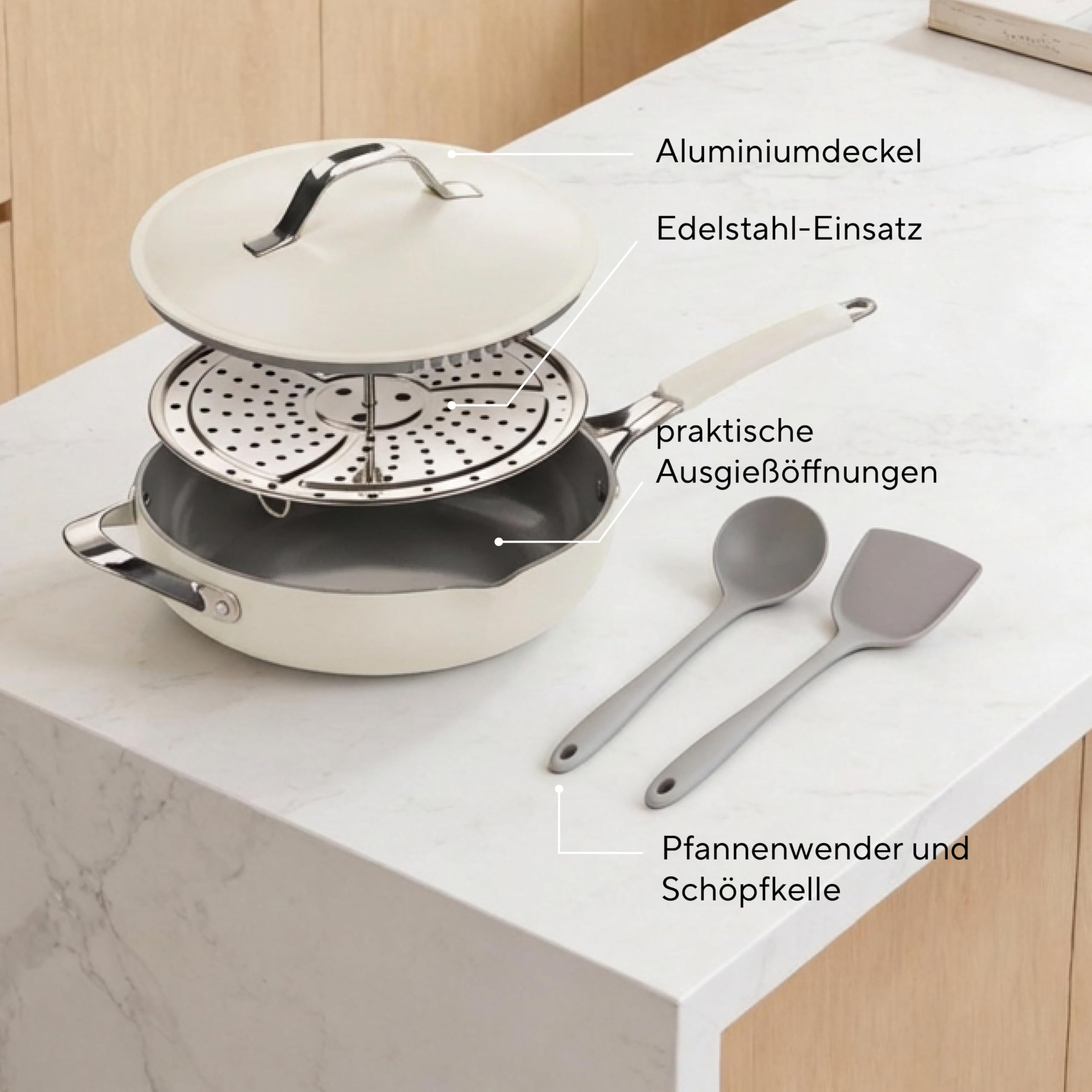 Rosmarino Chef's Choice patelnia wielofunkcyjna, 24 cm, kute aluminium, ILAG Swiss Ceramic, parowar, pokrywka i akcesoria, do kuchenek indukcyjnych, beżowa