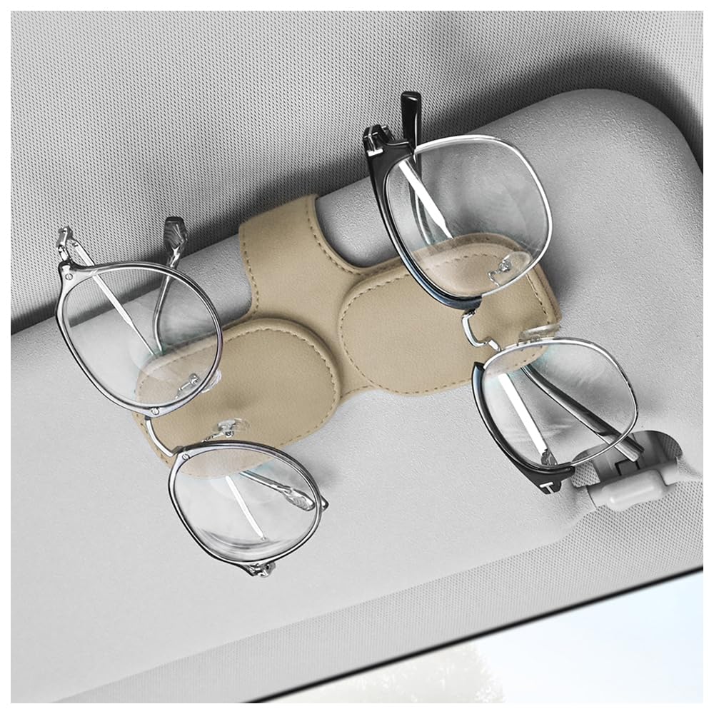 Stacool Sunglass Holder for Car,Magnetic PU Leather Car Sunglass Holder for Car Sun Visor,Double Position Visor Sunglasses Holder Clip Car Organizer Car Accessories Interior (Beige)