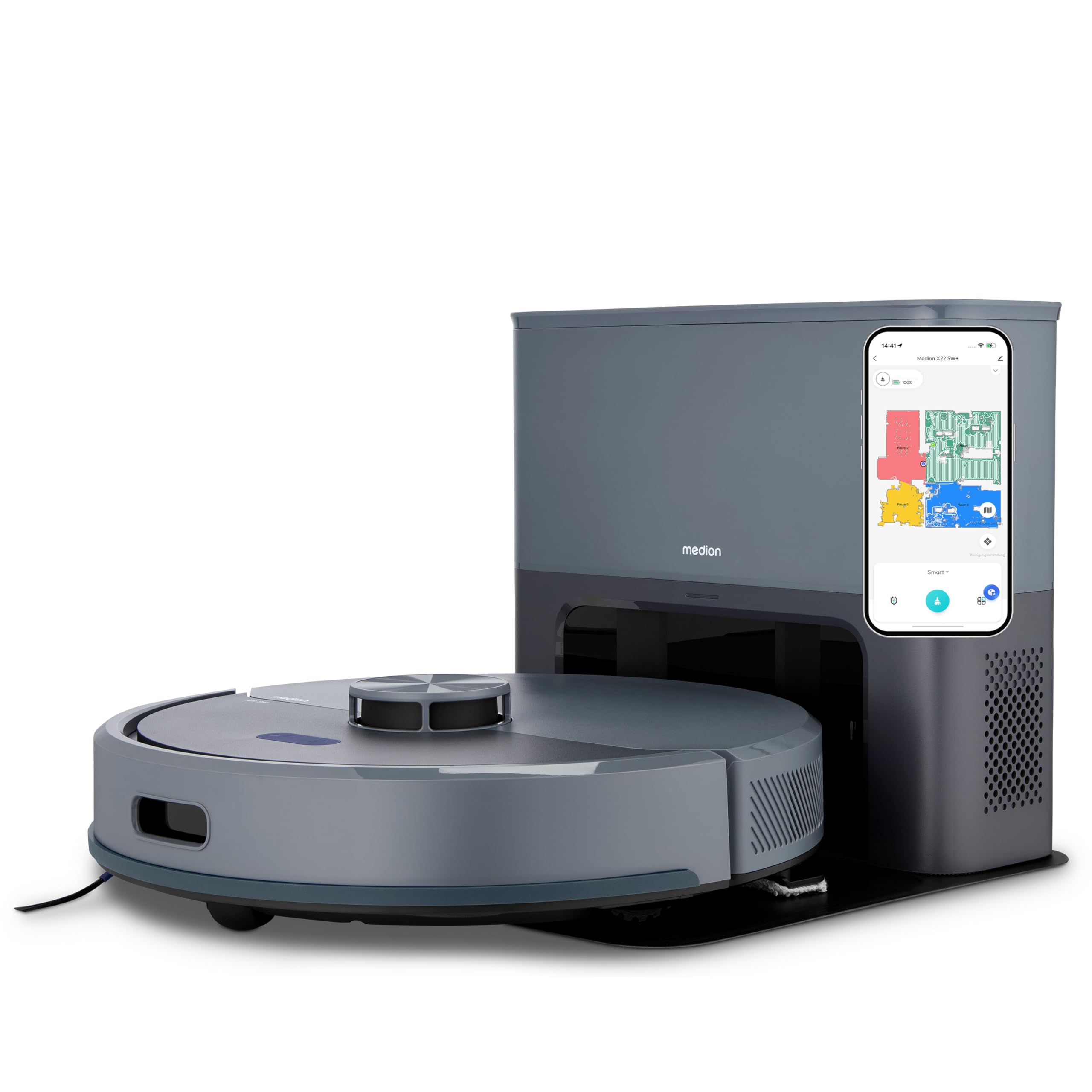 MEDION Saugroboter mit Absaugstation und Wischfunktion X23 SW+ (Lasernavigation, Starke 5000Pa Saugkraft, 2in1 Roboterstaubsauger, präzise Kartenerstellung, Go & No Go Bereiche, mehrere Etagen) blau