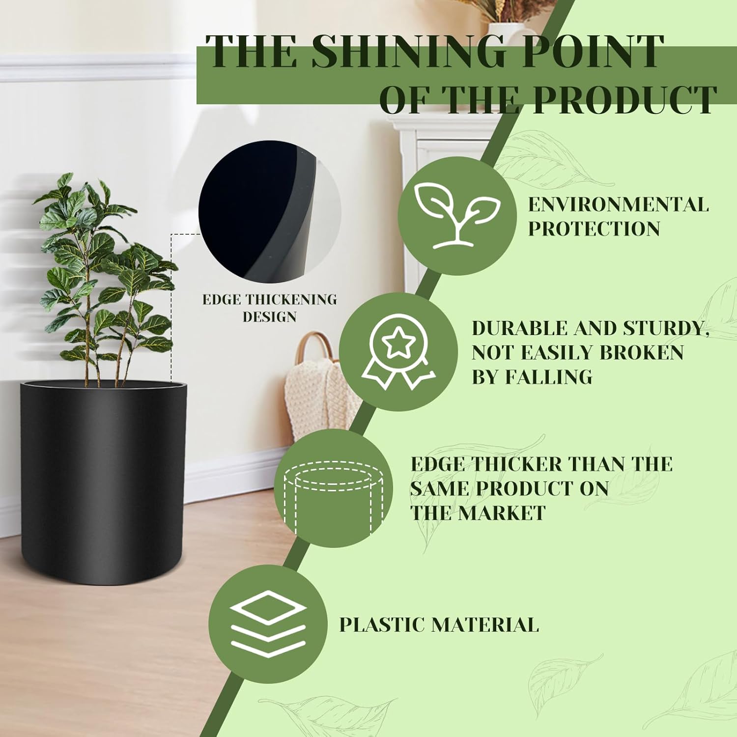 Flower Pot Large Indoor Cylindrical Plastic Planter with Drain Hole and Stopper (Black, 10 Inch)