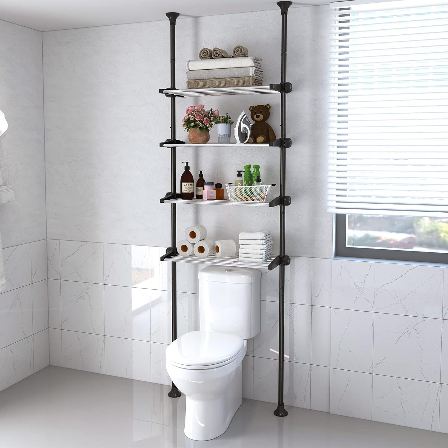DAKEPOLE Black Over Toilet Shelf with 4-Level Adjustable Shelves, Space-Saving Double Tension Rod, Standing Shelf, Bathroom Shelves Organiser, Clothes Hangers Rods, No Drilling โ image 1