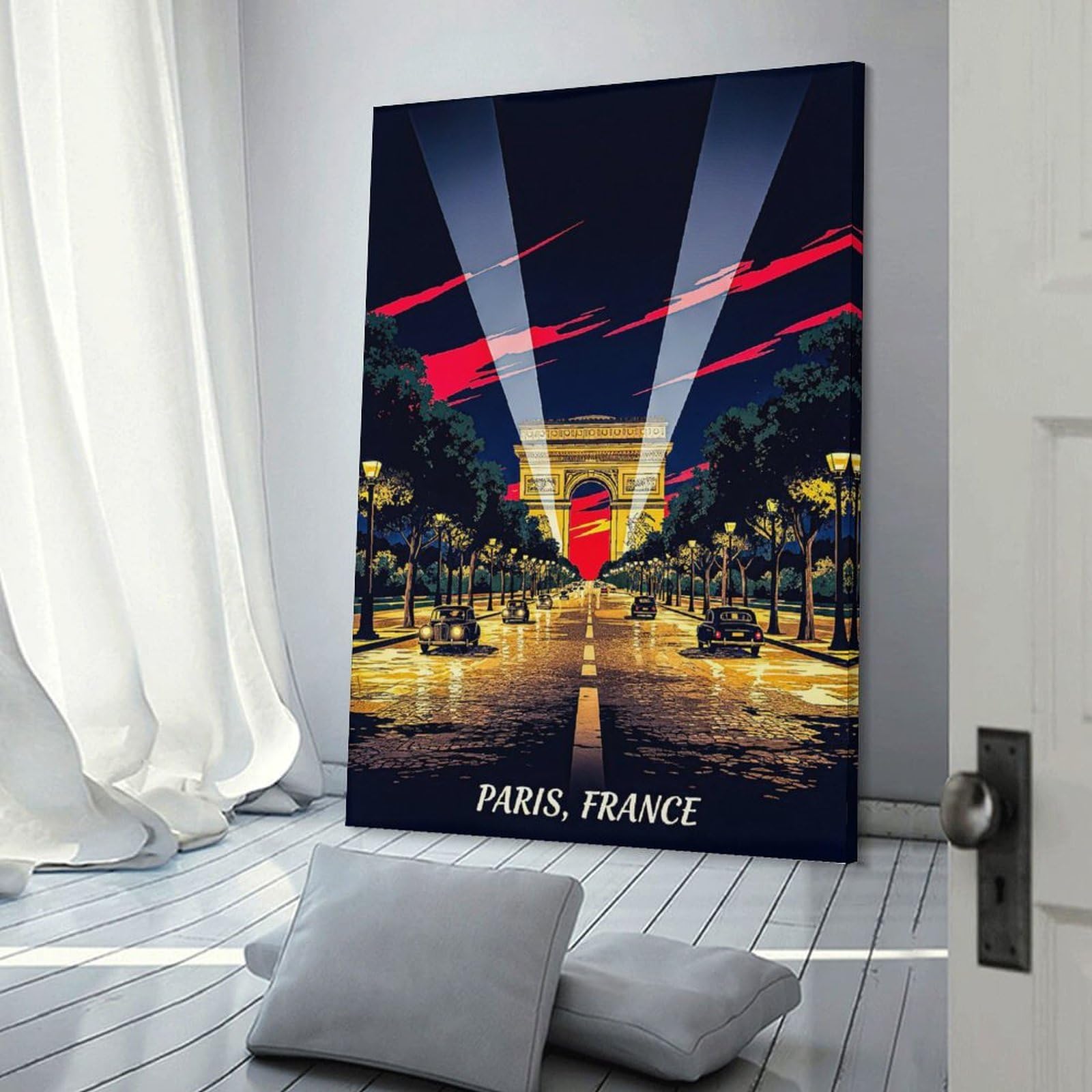 Junmoney Room Decor Wall Art Arc De Triomphe at Night, 24x36inch(60x90cm), for Home Office, Desk Area Or Studio, An Interior Accent for Desk Areas