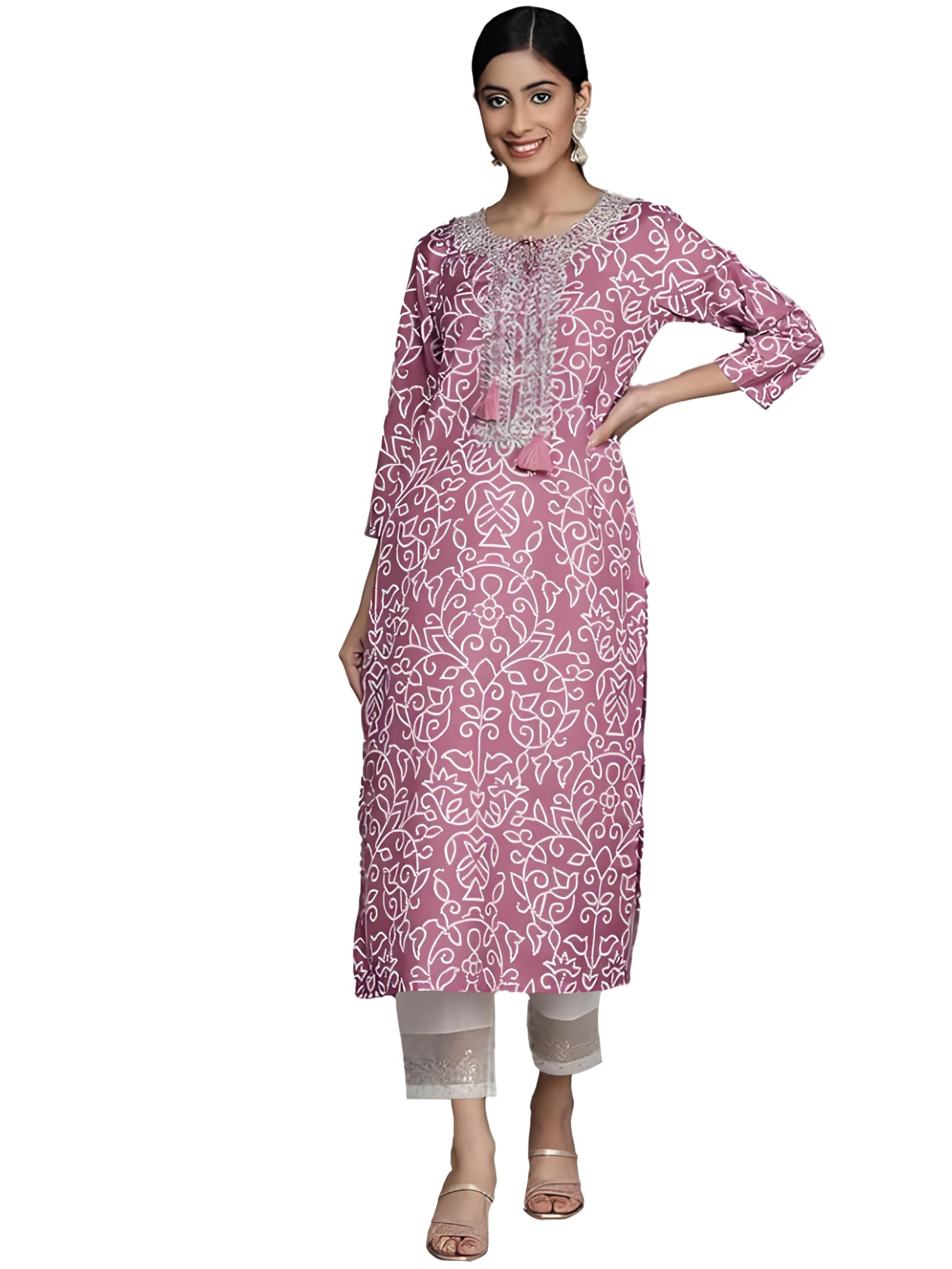 Varanga Women Purple Bandhani Print Yoke Embroidered Kurta With 3/4 Sleeves And White Palazzo Pants (Large)