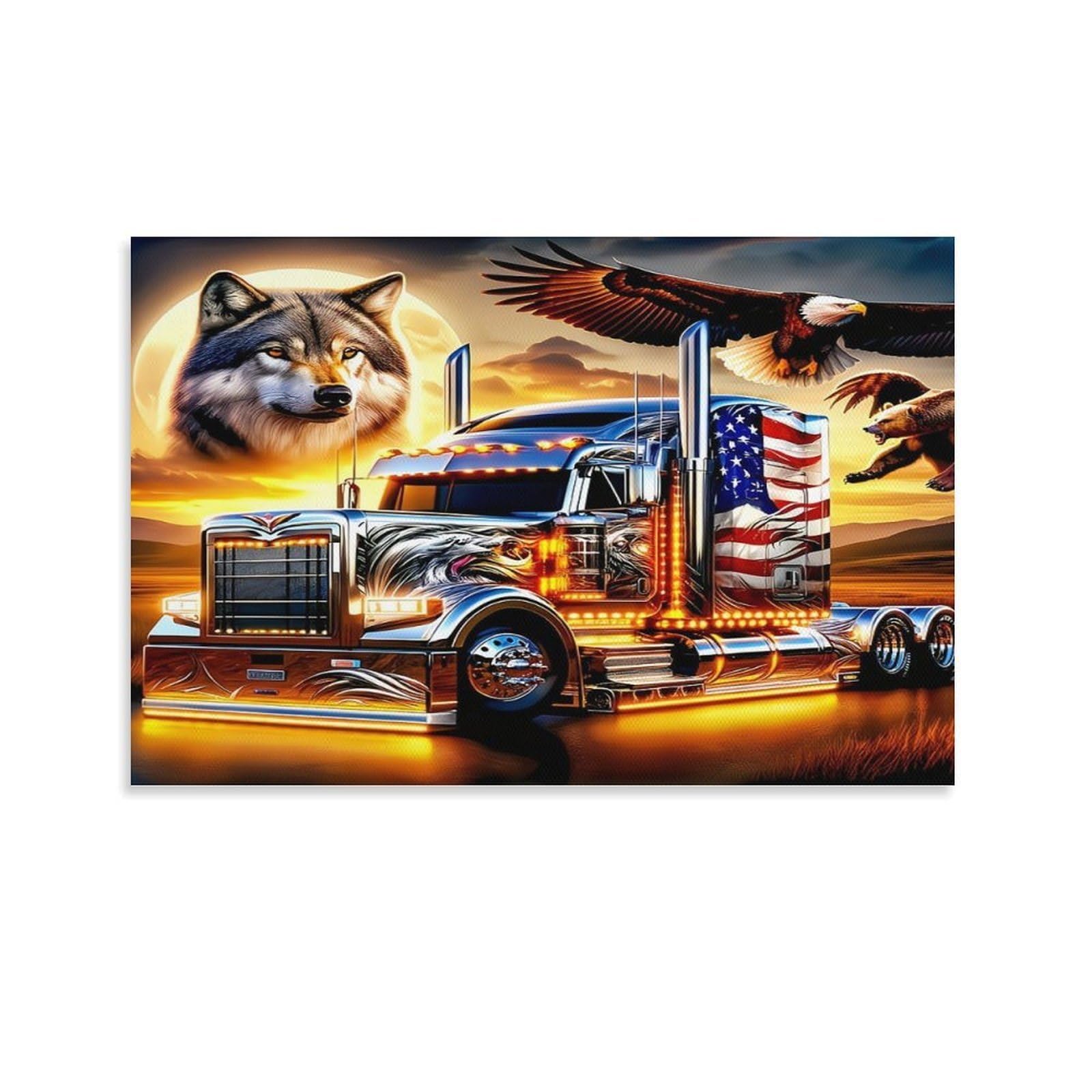 CPLVKWRQJ American Truck Art Single Wolf Eagle And American Truck Canvas Wall Art - Housewarming Gift Living Room Focal Point Ready to Hang Decor 24x36inch(60x90cm)