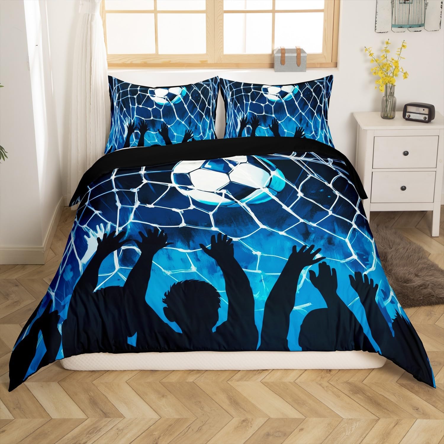 Erosebridal Football Bedding Set Soccer Sports Themed Queen Size Comforter Cover,Court Printed Duvet Cover,Ball Gaming for Kids Boys Girls Teens Bed Set,Blue