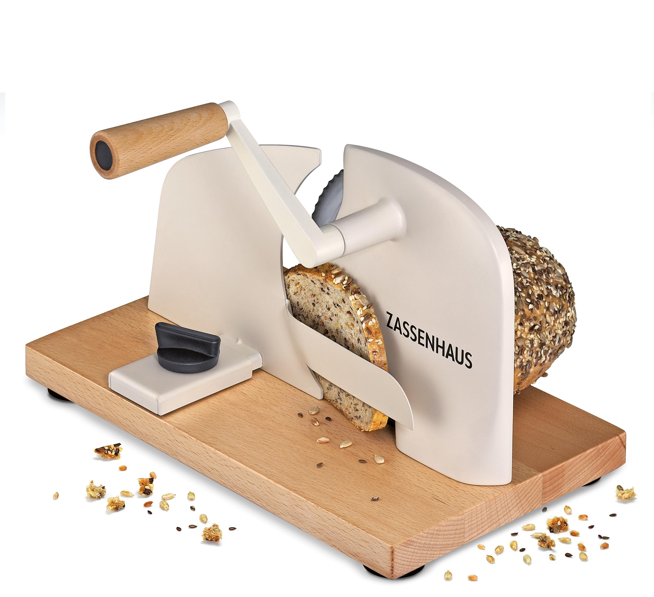 Zassenhaus Brotschneidemaschine PURE creme, manuelle Kurbelmaschine mit Edelstahlmesser, Spezial-Wellenschliff Made in Solingen, stufenlose Schnittstärkeneinstellung bis 20 mm