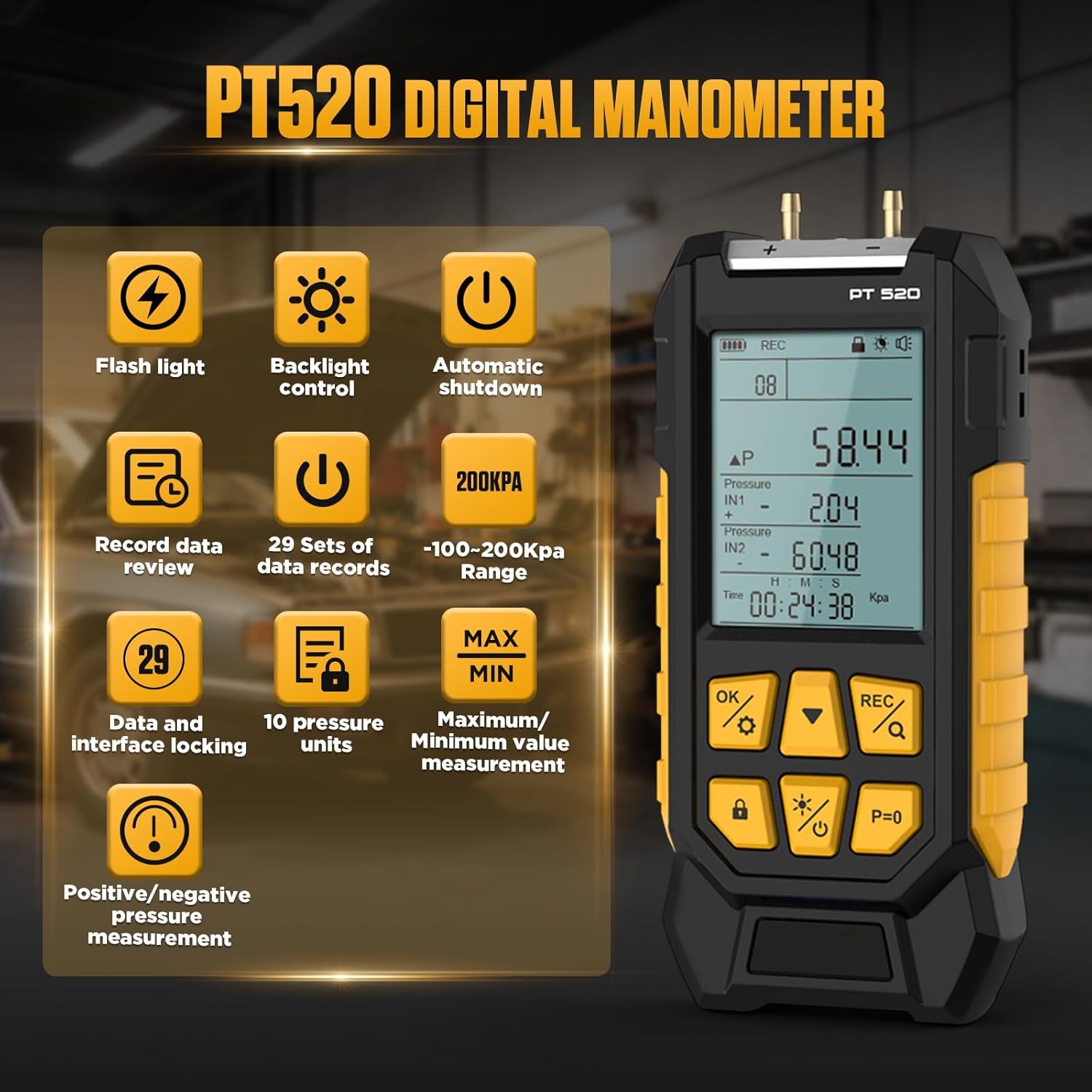 PT520 Manometer Gas Pressure Tester,Dual-Port HVAC Digital Manometer with Range of -100 to 200 KPa, 7 Units, Data Locking & Storage, 7Adapters,Backlit Display Screen