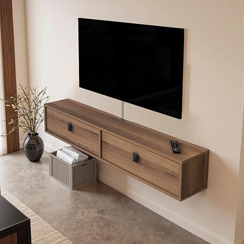 Miniatura 9 de Estante flotante de madera maciza para TV, armario de TV montado en la pared de 55 pulgadas, estantes flotantes con 2 puertas, centro de consola