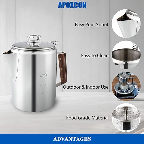 Miniatura 7 de APOXCON Percolator - Cafetera de acero inoxidable con perilla de cristal, cafetera compacta para fogata o estufa, cafetera, para hacer café, viajes