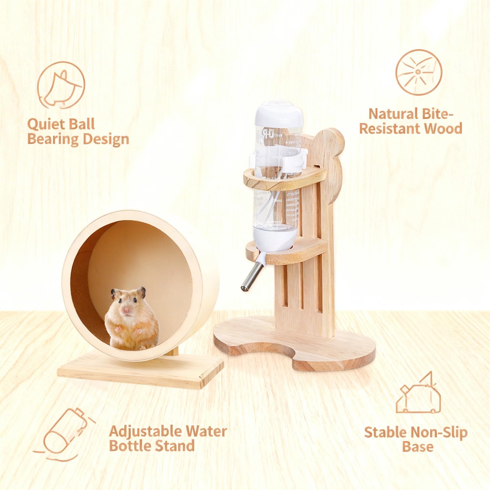 Juego de 2 botellas de madera para hámster con soporte, 20 cm, rueda de hámster de madera, botellas de agua de 125 ml, rueda silenciosa con rodamiento de bolas para animales pequeños, hámsters
