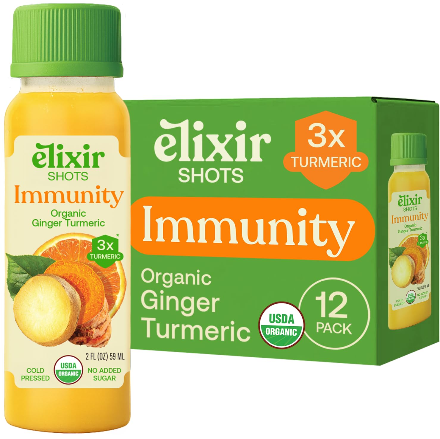 Elixir Shots, Immunity Support Wellness Shot with Cold-Pressed Turmeric, Ginger, Orange and Black Pepper, No Added Sugars or Artificial Ingredients,12-pack