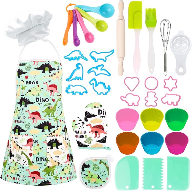STAY GENT Kids Baking Chef Set 35 Pcs with Dinosaur Apron, Baking Kit Cooking Chef Dress Up Role Play Toys for Boys Girls Children Aged 3 4 5 6 7 8