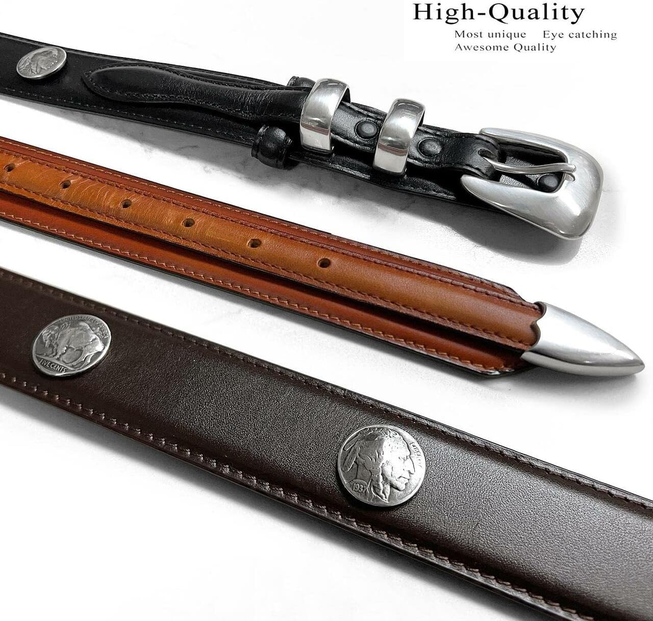 Silver Mirror Buckle Oil Tanned Genuine Leather Western Ranger Belt 1-3/8"(35mm) Taper to 3/4"(19mm) Wide-Multiple choices - Image 5