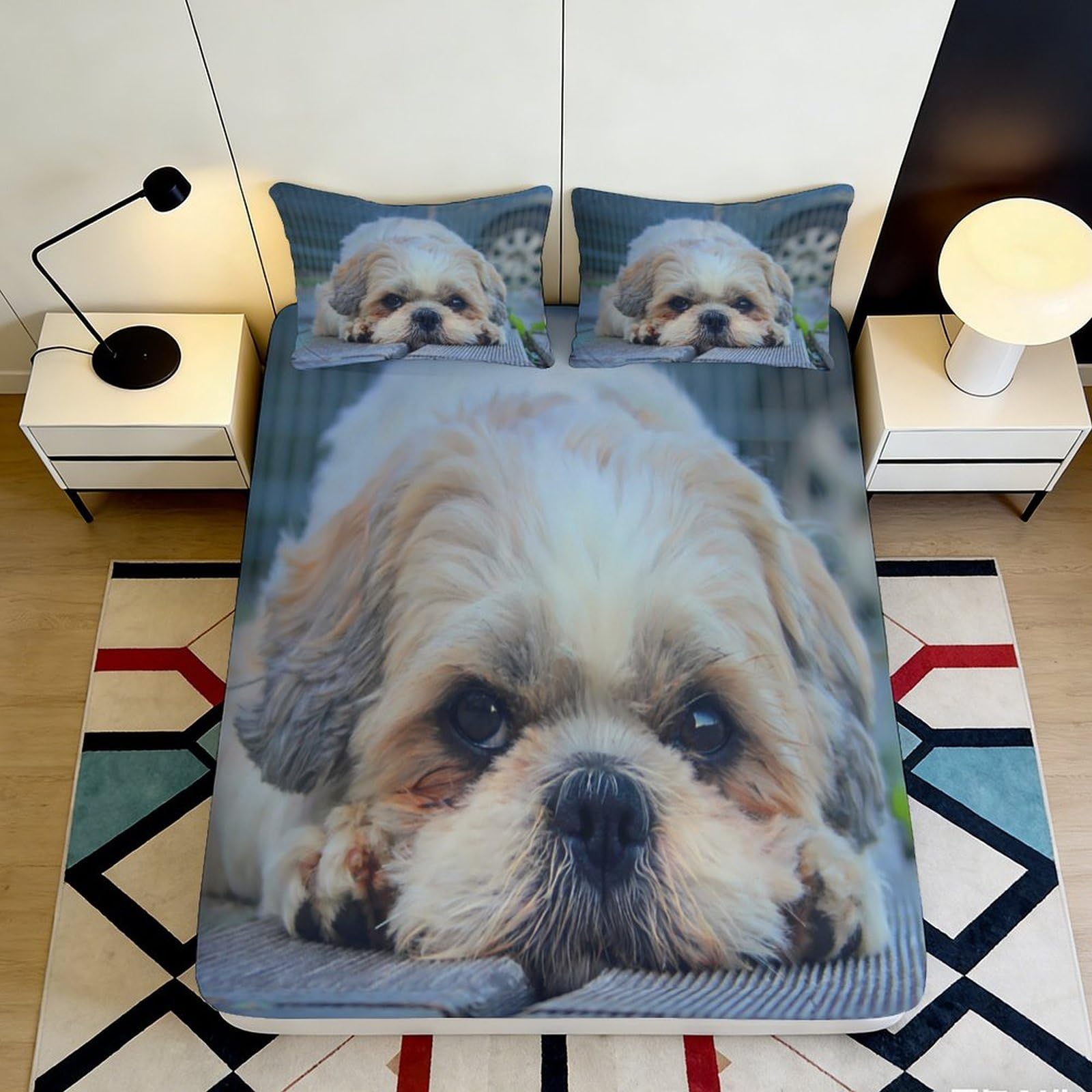 3D Printed Shih Tzu Dog Fitted Sheet Microfiber Soft Bed Cover Pet Puppy Pattern for Bedroom Guest Room Decor 90x200x25cm