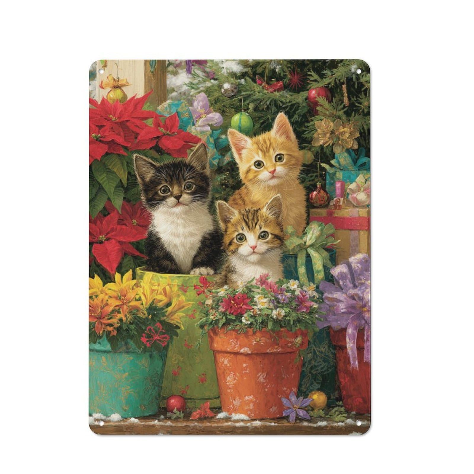 Junmoney Kittens By The Christmas Tree Retro Tin Sign 40X30cm For Workshop Wall, For Collectors Of Retro Metal Wall Decor