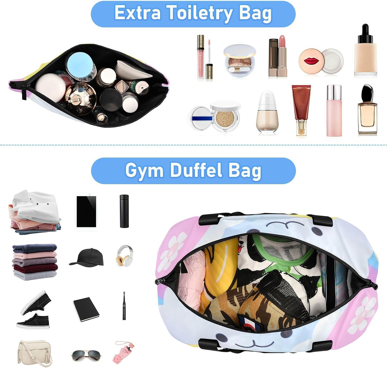 Cartoon Cute Blue-pink Monster Travel Tote Gym Bag Carry On Tote Bag with Toiletry Bag for Gym Waterproof