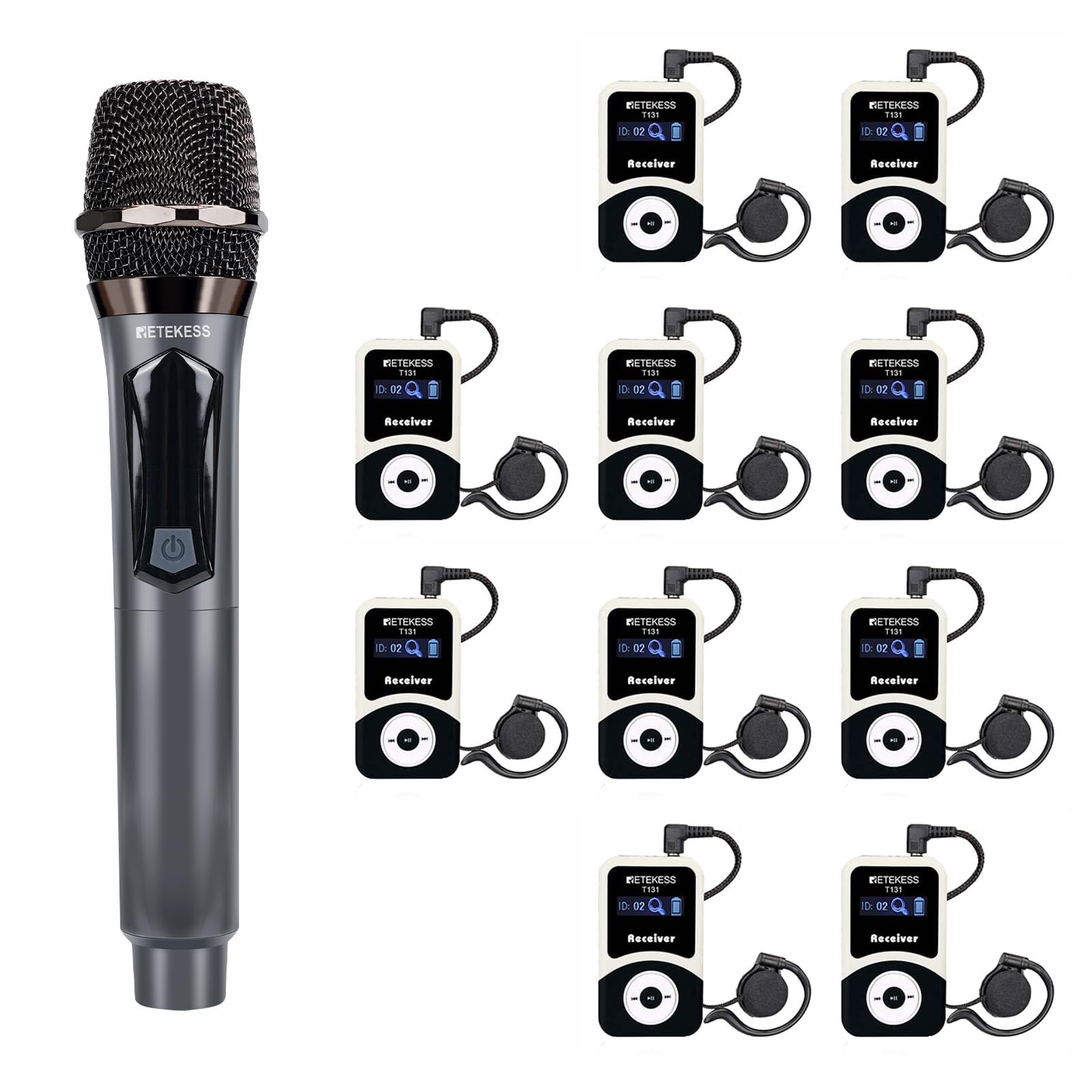 Retekess T130 MIC Wireless Tour Guide System, Wireless Handheld Transmitter, Dynamic Microphone, 100m/328ft，Interpretation System for Factory Tour（1 Transmitter 10 Receiver)