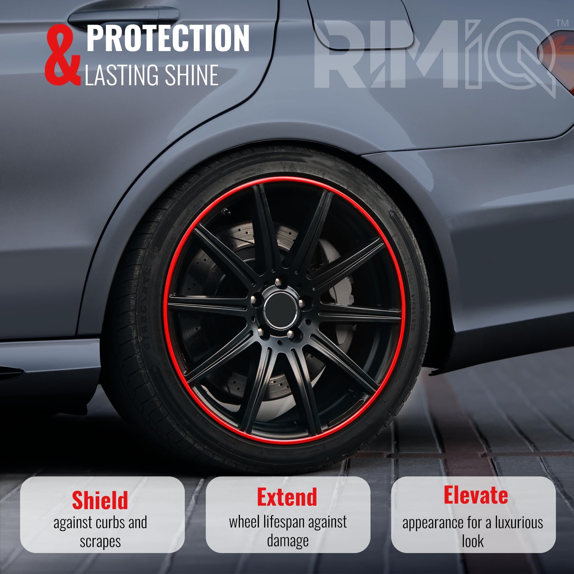 RIMiQ PROTECTiQ Universal Wheel Protection - 1/4" Trim Easy to Apply with Automotive 3M Tape. 6 Colors Made in USA - Fits Up to 24" Rims - Including Tesla - Red