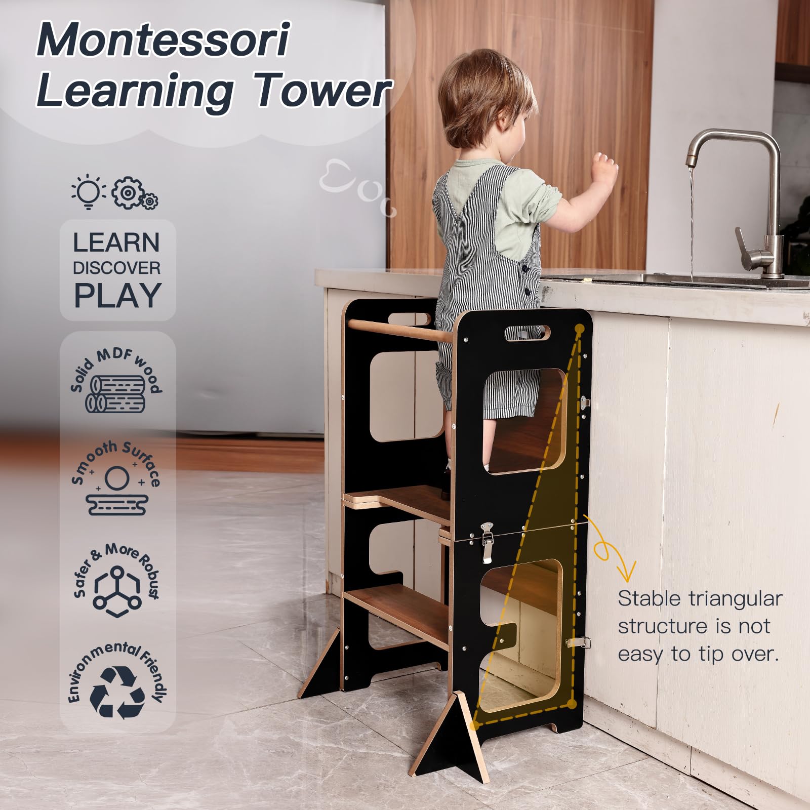 Torre de aprendizaje Montessori labebe con mesa plegable 3 en 1, protección antivuelco a partir de 1 año