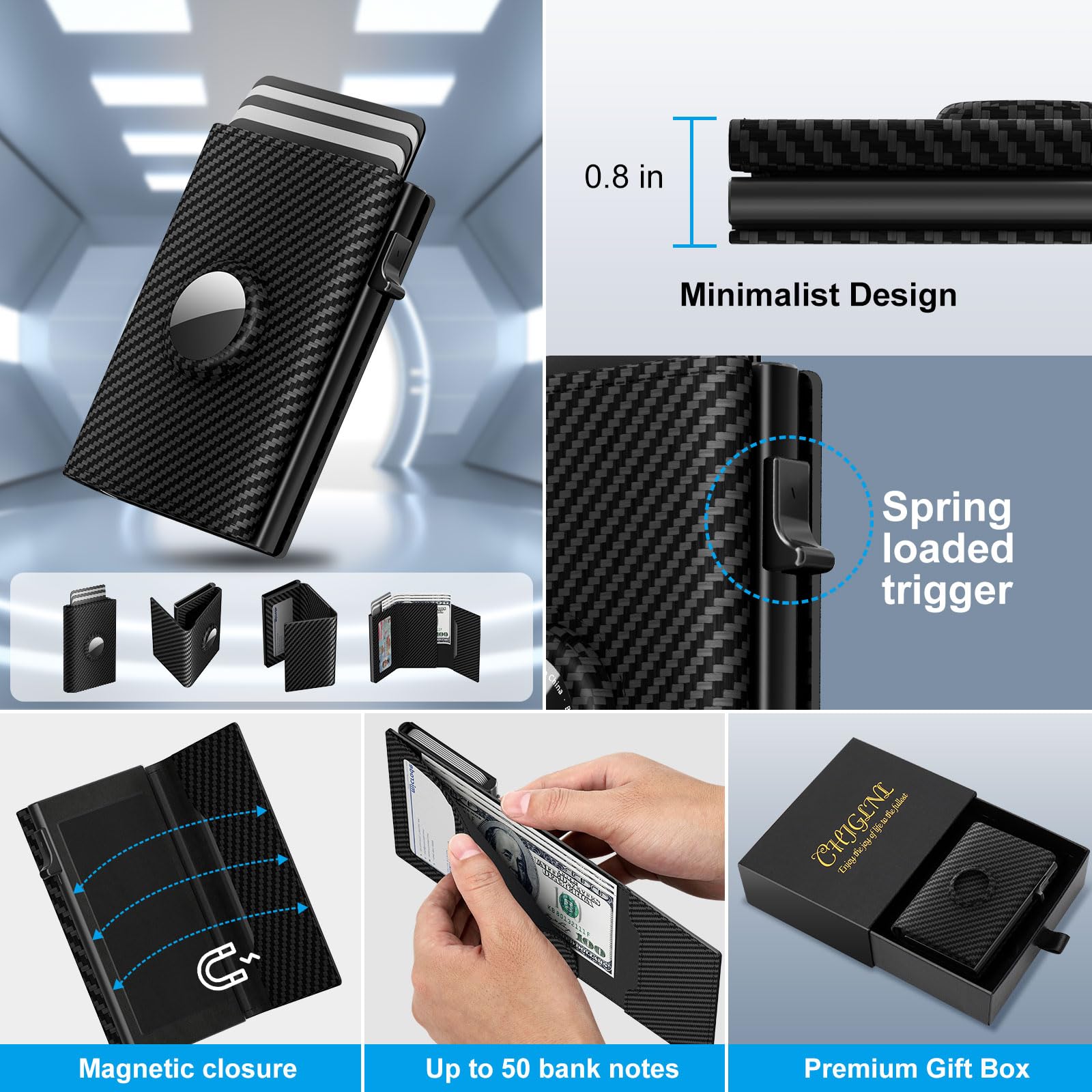 Porta Carte di Credito Uomo, Portafoglio AirTag Uomo Slim in Vera Pelle con Chiusura Magnetica, Portacarte Uomo Pop-Up Minimalista per 9-14 Tessere | Protezione RFID | Finestra ID | Slot per contanti