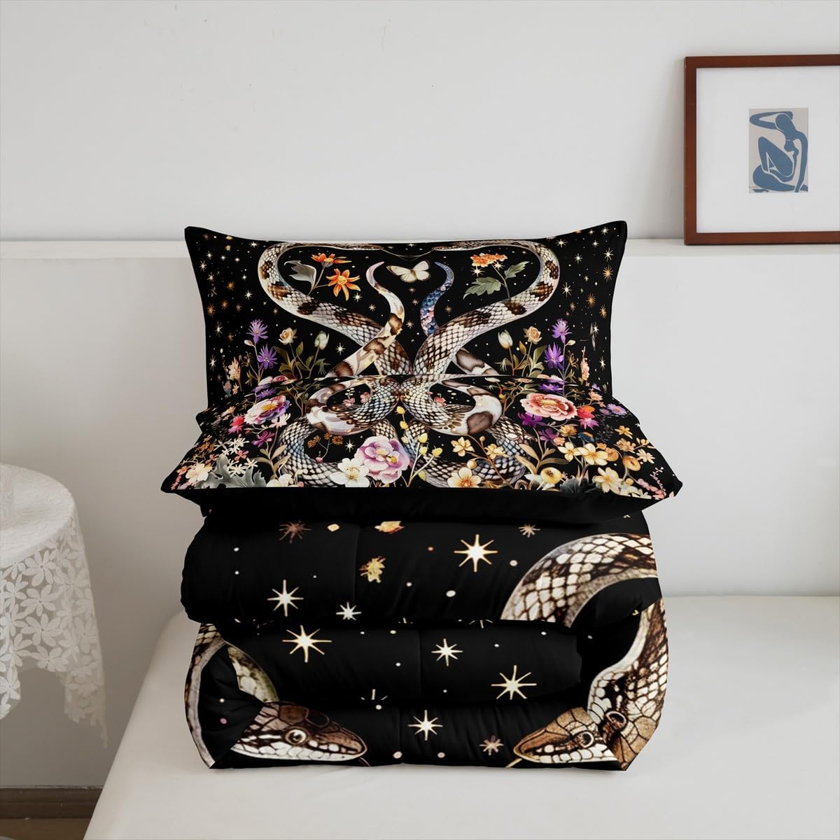 Exotic Snake Comforter Twin for Kids Adults Youth,Bohemian Flowers Leaves Rustic Farmhouse Style Quilt Comforter,Watercolor Galaxy Sky Jungle Wildlife Quilted Duvet Duvet Insert,1 Pillowcase