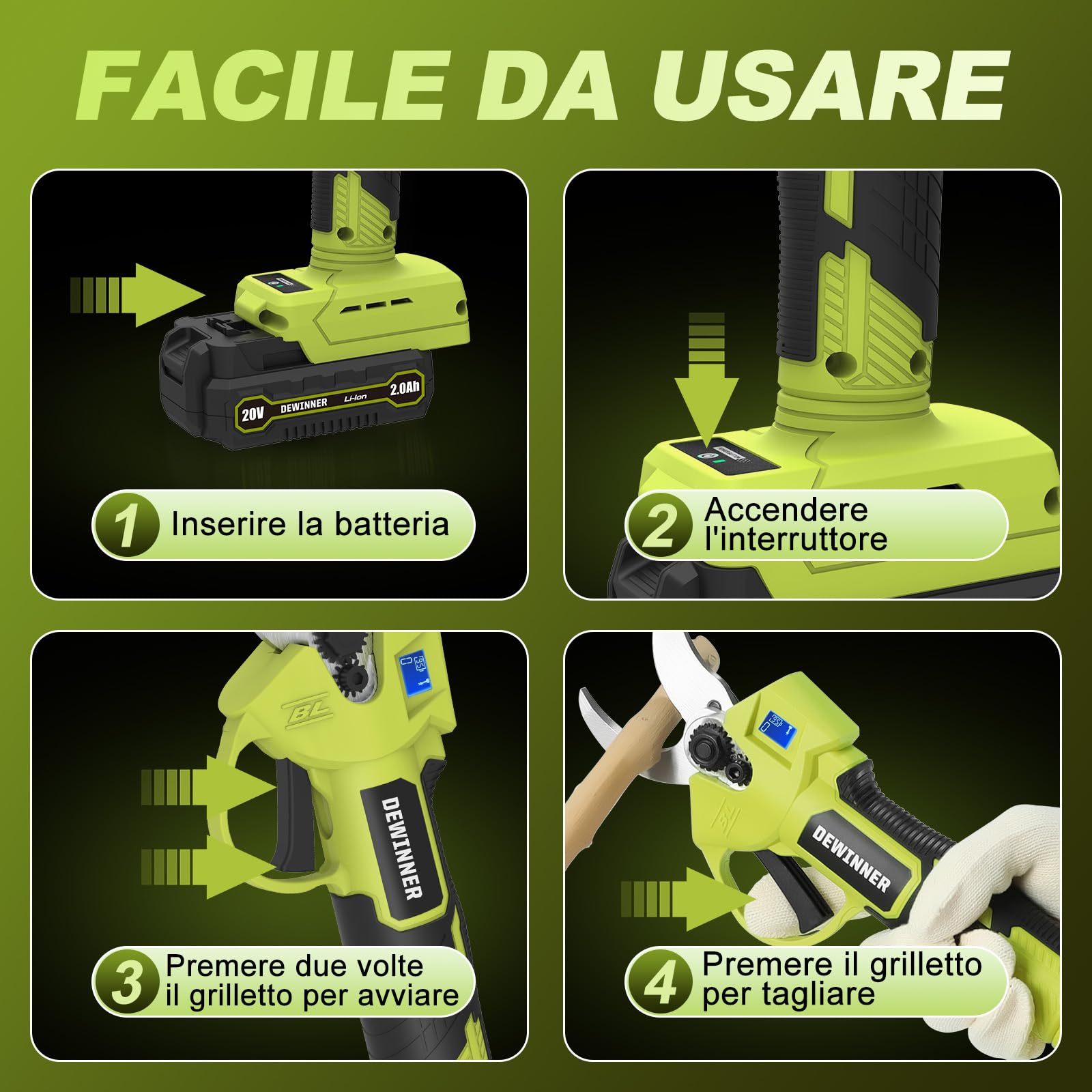 DEWINNER Forbici Potatura a Batteria Brushless 200W, Lama SK5, LCD Display, 2x2000mAh Batterie, 25mm Diametro Regolabile, Cesoie Elettriche Senza Fili per Alberi, Fiori, Frutteti, Giardino