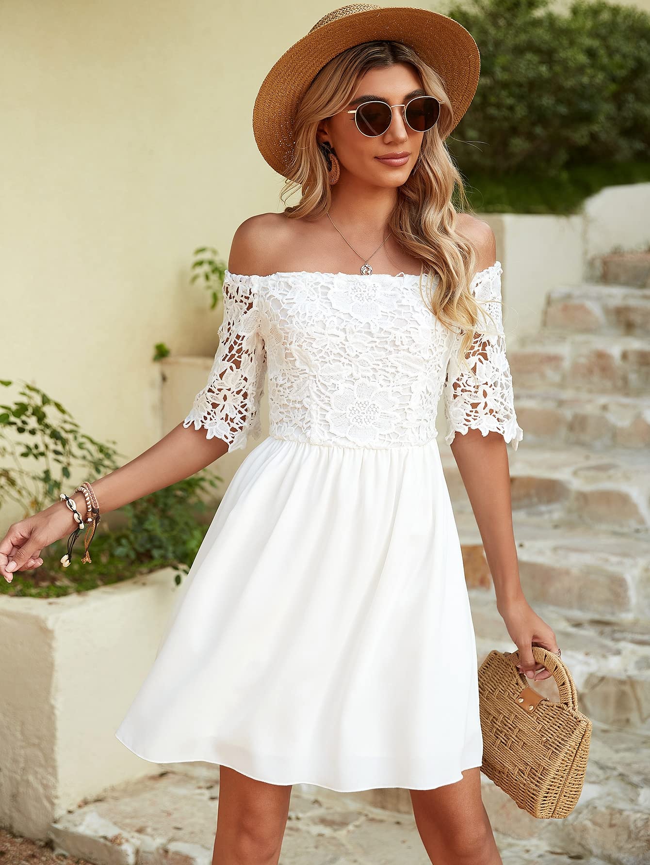 ViCiCA Shift Dress for Women, Off Shoulder Guipure Lace Bodice Dress (Color  : White, Size : L): Buy Online at Best Price in UAE