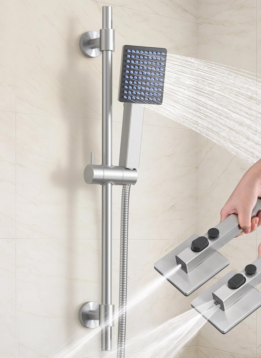 KES 30-Inch All-Metal Shower Slide Bar with Handheld Shower Head, Built-In Power Wash & Patented Auto-Reset, Adjustable Brackets Cover Hole, 18/8 Stainless Steel Slide Bar Shower System, Brushed Steel