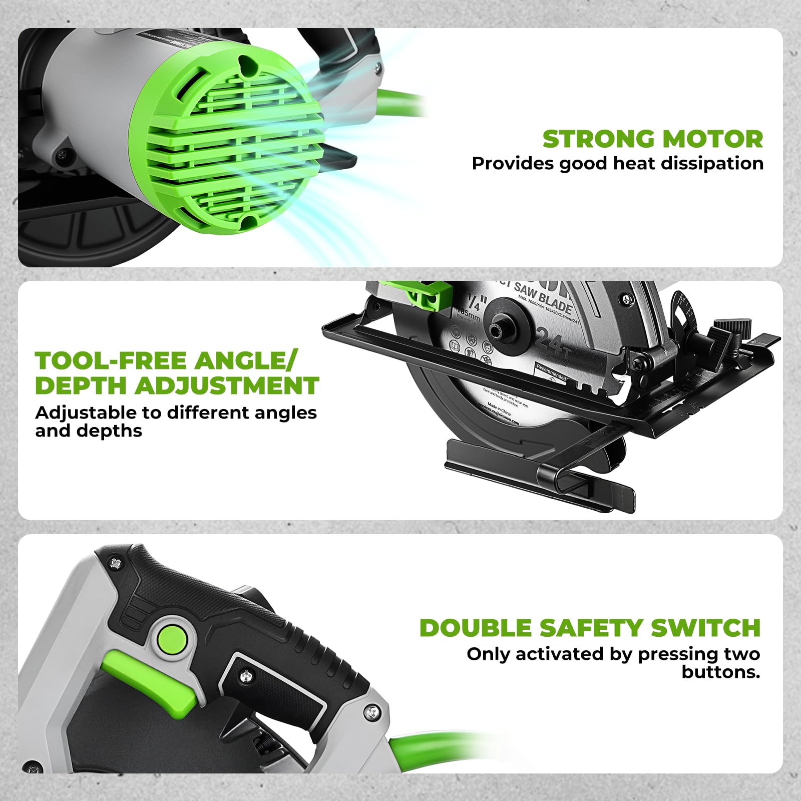 DESOON Sega Circolare da 1600 W con Guida Laser, Include Guida Parallela e 2 Lame da Seghetto (185 mm, 24T e 40T), 5500 Giri/min, Profondità di Taglio 65 mm (90°) e 43 mm (45°), per Taglio Legno