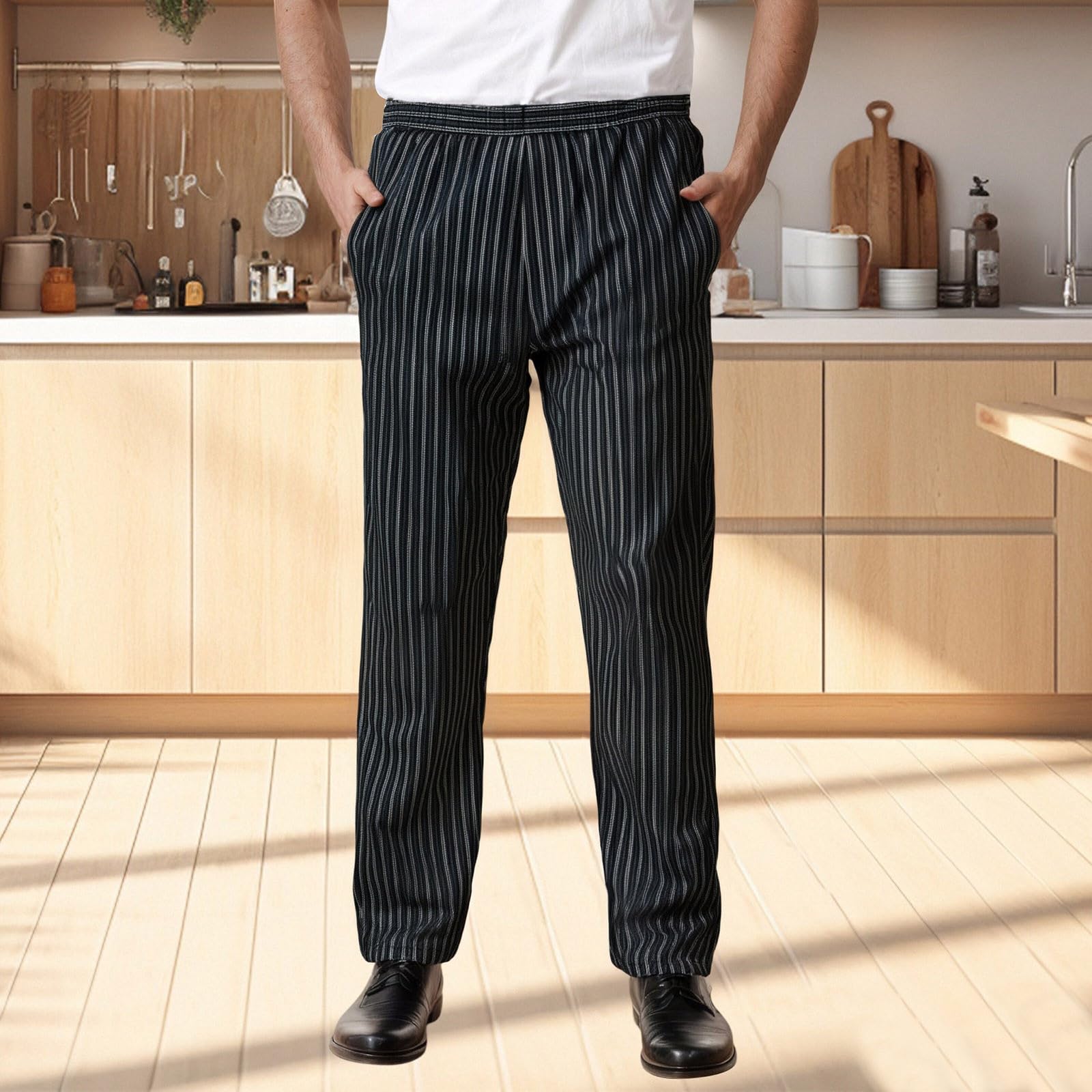 Pantalones de chef para hombre, pantalones de chef cargo, cintura elástica, pantalones de trabajo a rayas, pantalones de panadero, cómodos, corte recto, pantalones de cocinero, cintura