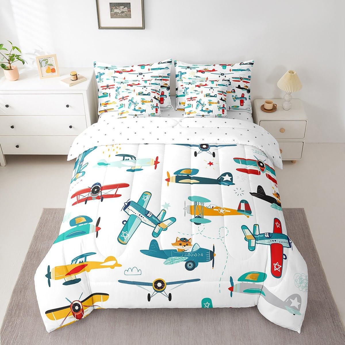 Feelyou Cartoon Aircraft Bed Set for Kids Boys Girls Twin Size Airplane Print 7 Pieces Beeding Set Ultra Soft Travel Decor Bed in a Bag with Comforter, Sheets, Pillowcases Aircraft Flying Animal